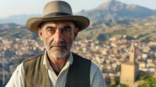 Obraz Mature man in a hat, looking directly at camera, with a town and mountains in the background.