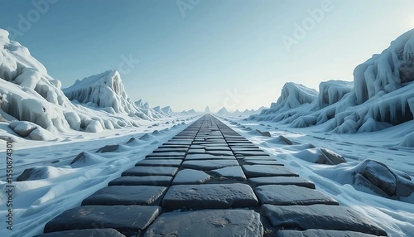 Fototapeta An Endless Icy Path Through Frozen Mountains Under a Clear Sky