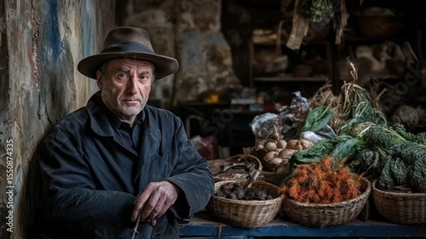 Obraz Mature man in a hat sits in front of a rustic market stall filled with fresh produce, herbs, and eggs.