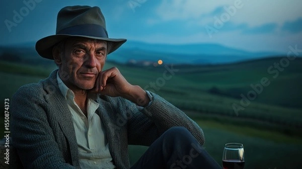 Obraz Mature man in a hat sits outdoors at twilight, thoughtful, with a glass of wine, in a picturesque Tuscan landscape.