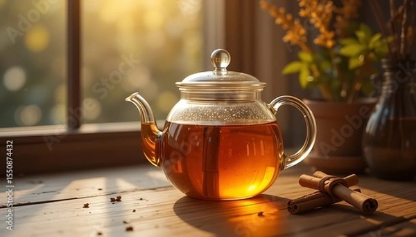 Fototapeta Warm amber tea brewing in a glass teapot on a wooden table bathed in sunlight