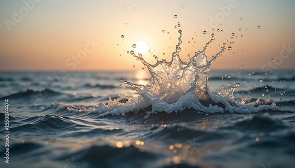 Fototapeta Dynamic Ocean Water Splash at Sunset With Sunbeams and Gentle Waves