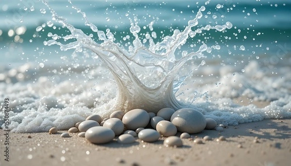 Fototapeta Ocean waves crash onto a sandy beach creating a beautiful water splash around smooth pebbles