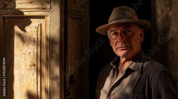 Obraz Mature man in a hat, standing in doorway, sunlit, serious expression.