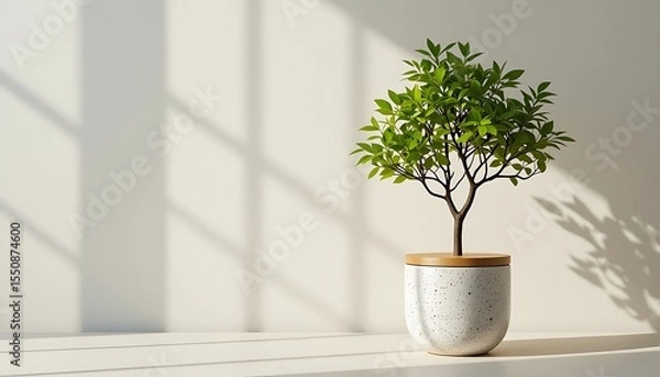 Fototapeta Sunlit Corner Featuring a Small Green Tree in a Speckled White Pot