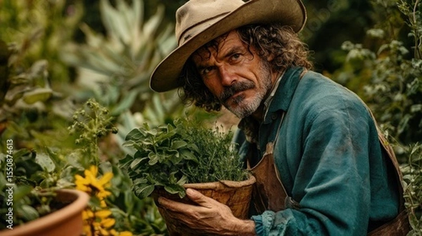 Obraz Mature man in a rustic garden holding a pot of herbs.