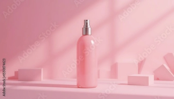 Fototapeta Elegant Pink Spray Bottle Displayed on a Minimalist Stage with Geometric Shapes and Soft Lighting