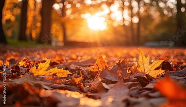 Fototapeta Golden autumn leaves on a park path