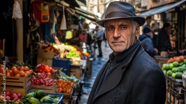 Obraz Mature man in a market, looking directly at camera, surrounded by fresh produce and shoppers.