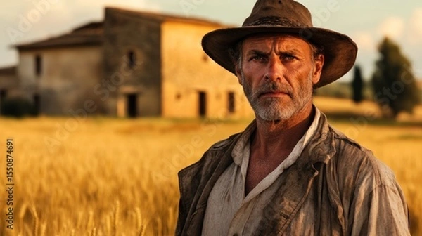 Obraz Mature man in a rustic hat stands in a golden wheat field, facing the camera with a serious expression, while an aged stone building is in the background.