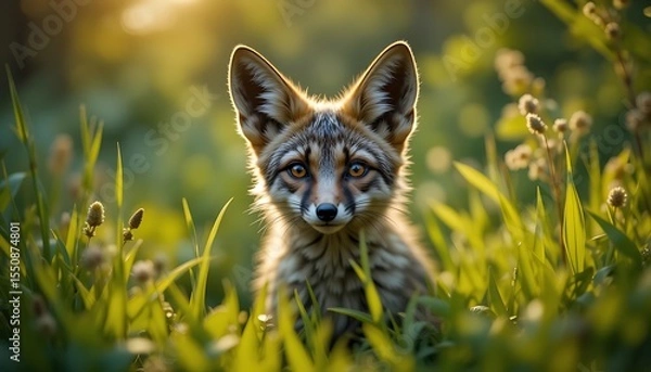 Fototapeta Adorable Fox Cub Peeking Through Lush Green Meadow in Golden Hour Sunlight