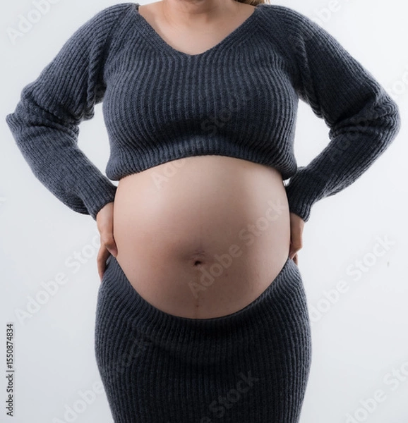 Obraz Beautiful pregnant woman hugging her tummy at home studio.