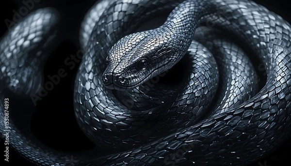 Fototapeta Close up dark image of a coiled black snake showing its scales