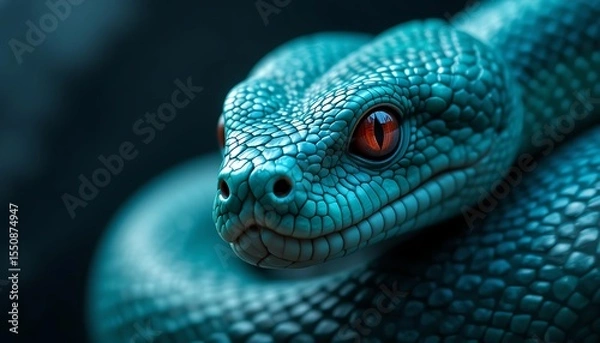 Fototapeta A Close Up Of A Turquoise Snake With Fiery Red Eyes Coiled Tightly