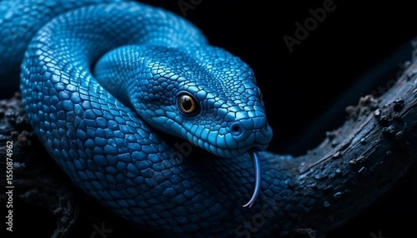 Fototapeta Stunning close up of a vibrant blue python coiled on a dark branch its forked tongue flickers