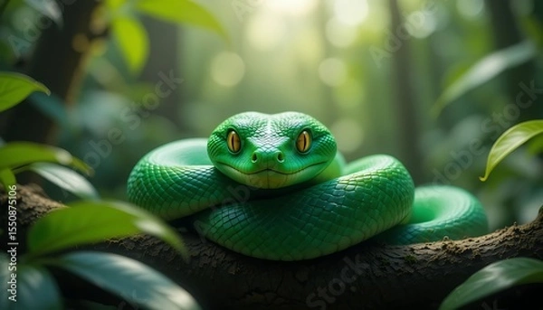 Fototapeta A Majestic Green Snake Coiled on a Branch in a Lush Tropical Forest