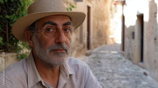 Obraz Mature man in a straw hat sits in an old European alleyway.