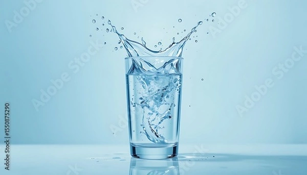 Fototapeta Clear refreshing water splashing out of a tall glass in a bright studio setting