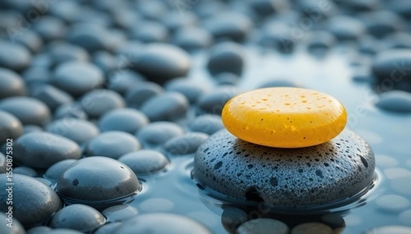 Fototapeta Serene arrangement of balanced stones on a tranquil water surface evoking peace and mindfulness