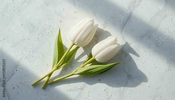 Fototapeta Two elegant white tulips cast soft shadows on a marble surface