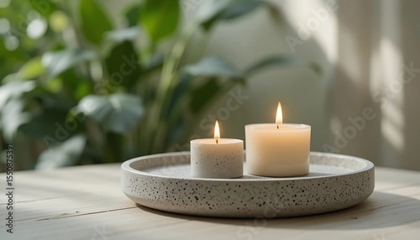 Fototapeta Two glowing candles on a speckled ceramic tray in soft natural light