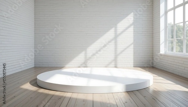 Fototapeta Empty white circular stage in a sunlit room with large windows