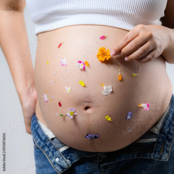 Obraz Beautiful pregnant woman hugging her tummy at home studio.