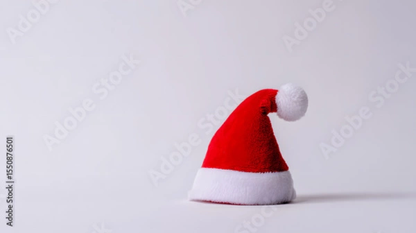 Fototapeta Vibrant red Santa hat with white pompom, isolated on white background, festive Christmas spirit