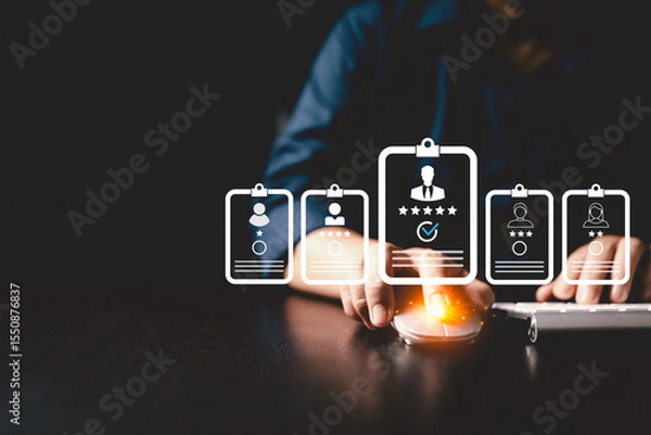 Fototapeta Human resource search, recruitment concept. human resource management uses HR technology online networks to check CV choose perfect employee ensuring strong recruitment process company structure.