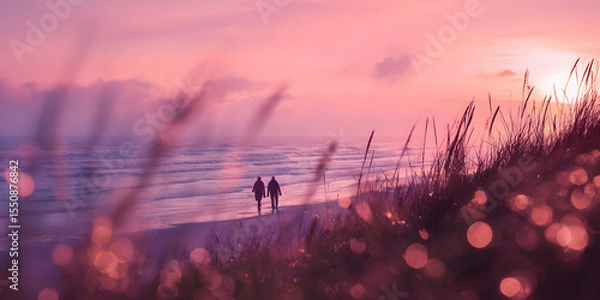 Fototapeta Dusk Stroll on the Beach: A silhouetted couple strolls hand-in-hand along the beach, framed by gentle dune grass, as the sun dips below the horizon, painting the sky with soft pink and purple hues.