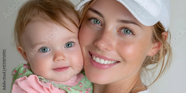 Fototapeta Mother's Warm Embrace: A loving mother cradles her smiling baby, radiating joy and affection in a heartwarming portrait of family bonding. The image captures a tender moment filled with love.
