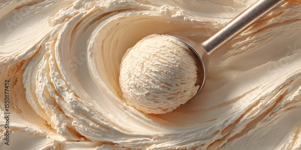 Fototapeta Vanilla Ice Cream scoop: A macro perspective captures a perfectly formed scoop of delicious vanilla ice cream held by a spoon nestled within a creamy swirl of ice cream.