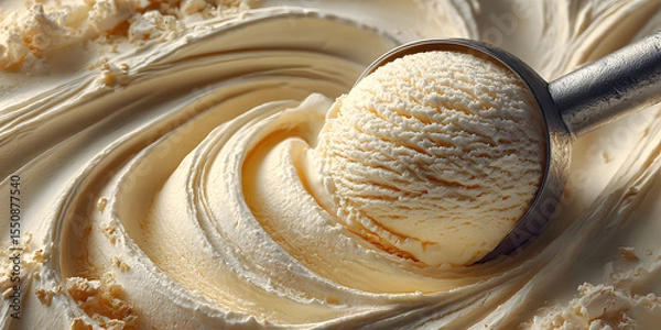 Fototapeta Vanilla Ice Cream Scoop: A close-up shot of a scoop of creamy vanilla ice cream, resting on a swirl of more ice cream, evoking a feeling of simple pleasures.