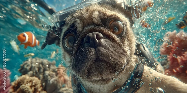 Fototapeta Diver Pug Exploring Reef: A pug, outfitted for underwater adventure, gazes with wide-eyed curiosity at the vibrant marine life, encountering colorful fish and coral in a whimsical underwater scene.