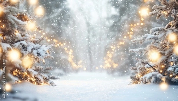 Fototapeta Snowy winter wonderland with twinkling lights