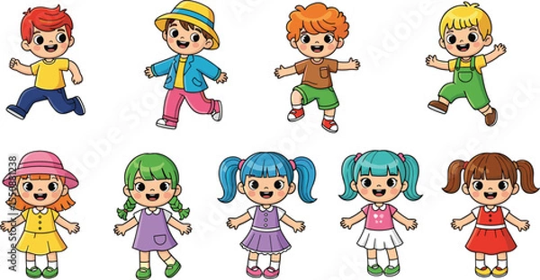 Fototapeta Adorable Cartoon Kids with Diverse Outfits and Expressions, Perfect for Children's Illustrations and Fun Designs flat vector illustration