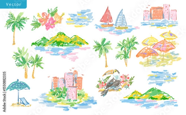 Obraz Hand-drawn pastel-themed summer clipart set. Resort vector illustrations with islands, the ocean, yachts, palm trees, beach umbrellas, hibiscus flowers, tropical buildings, and toucans.