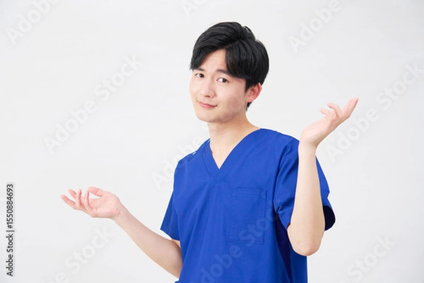 Fototapeta 医者・看護師・歯科医師・介護士　男性　ギブアップ　白背景