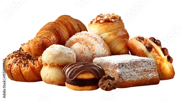 Obraz Golden croissants: a delicious breakfast pastry with chocolate or poppy seeds, baked fresh and isolated on white