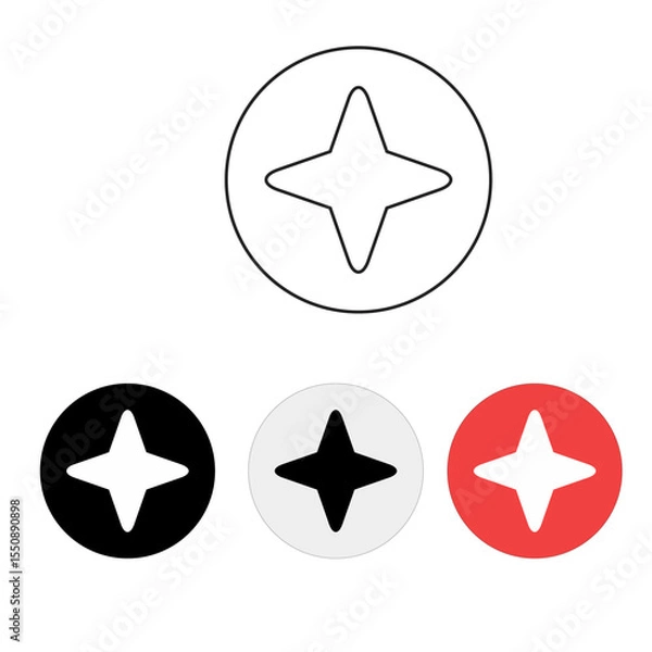 Obraz star and round vector icons, line icons, colored icons using round buttons with black, white and red colors