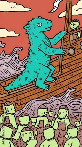 Fototapeta Sea monster attacks a pirate ship