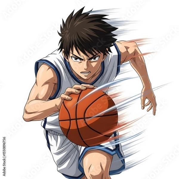 Obraz Dynamic anime style illustration of a determined young male basketball player dribbling the ball with speed and intensity on a white background