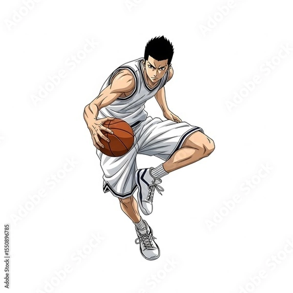 Obraz Dynamic anime basketball player in white uniform dribbling a ball with intense focus and athletic pose on white background
