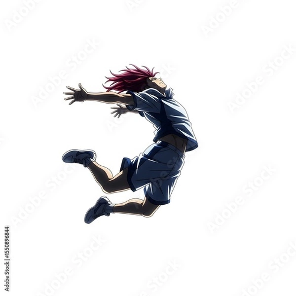 Obraz Dynamic anime character with vibrant red hair in mid air jump wearing a basketball uniform with arms outstretched