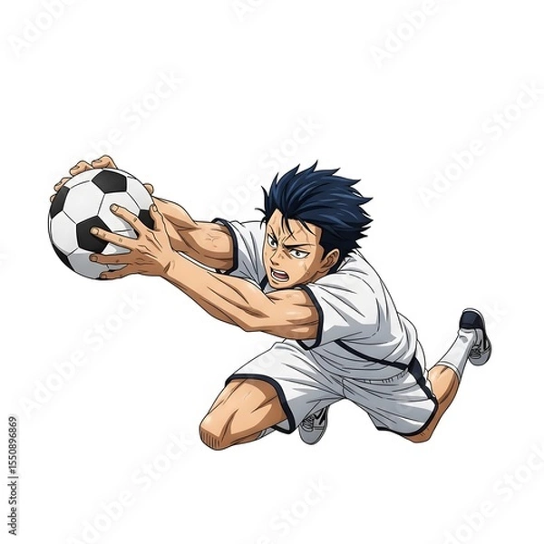 Obraz Dynamic anime illustration of a focused soccer player in mid air catching a ball with intense determination