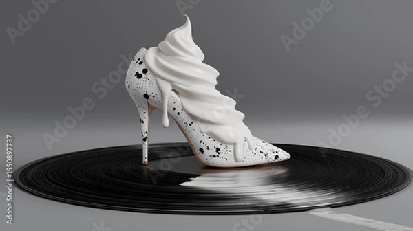 Fototapeta A splatter-white high-heel stiletto, covered with a spiraling swirl of melting vanilla soft-serve, balances atop a glossy black vinyl record - Generative AI 