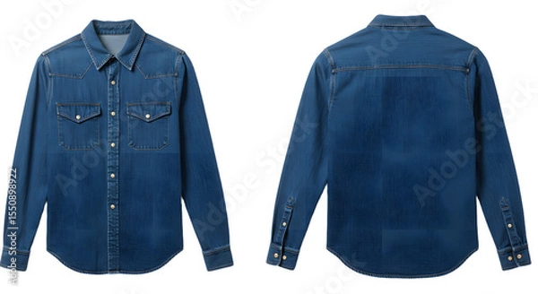 Fototapeta Classic blue denim shirt displayed from front and back, showcasing its design and texture against a neutral background