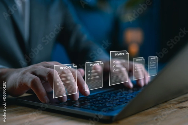 Fototapeta Automated digital invoicing system concept showing hands typing on a laptop with multiple invoice icons. Ideal for accounting software, e-invoice platforms and finance automation tools.