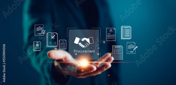 Fototapeta Digital procurement innovation visual with a hand presenting icons of contracts and invoices. Ideal for illustrating e-Procurement, supply chain automation and smart B2B purchasing systems.
