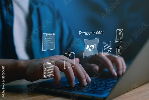 Fototapeta Digital procurement system concept showing hands on keyboard with icons representing invoices, supplier management, contracts ideal for B2B solutions, enterprise software and supply chain tech.